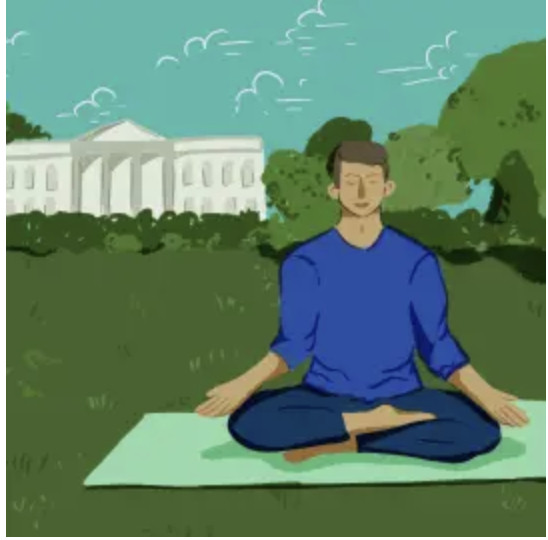 A cartoon person in blue sits cross-legged on a green mat outdoors, with a white columned building behind.